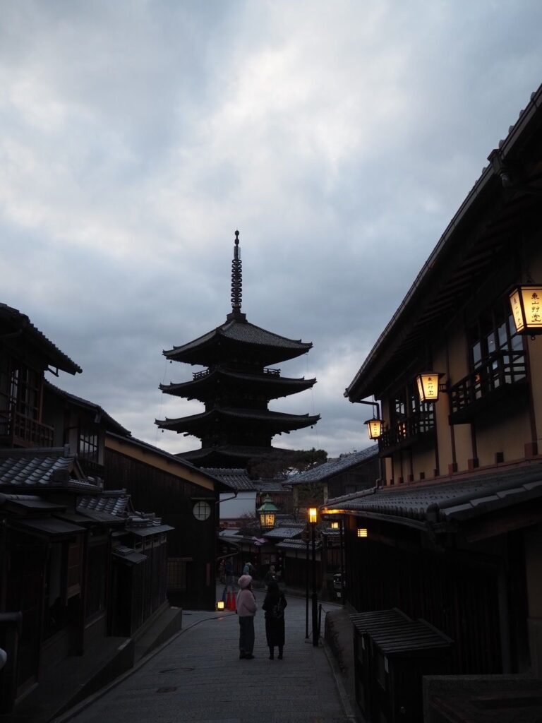 narrow alley with temple in kyoto